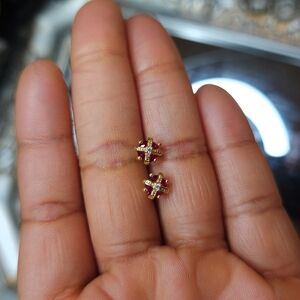 Gold and Red Cross Stud Earrings